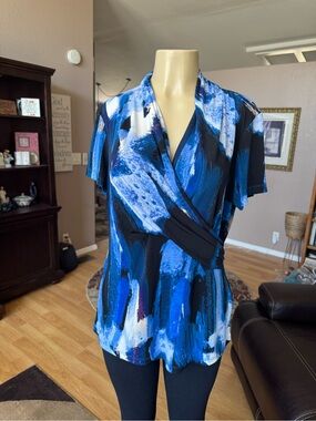 DKNY blue abstract faux wrap front blouse-size XL-NWT